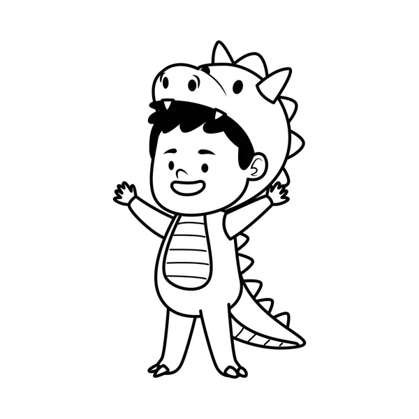 Cute little boy dressed as a dinosaur character line style — Stock Vector
