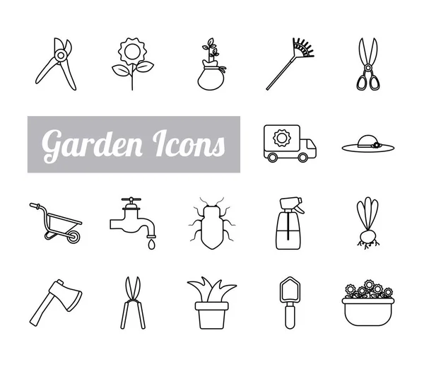 Lettering with bundle of gardening tools line style icons — Stock Vector