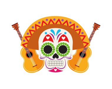 Maricahi şapkalı ve gitarlı geleneksel Meksika kafatası.