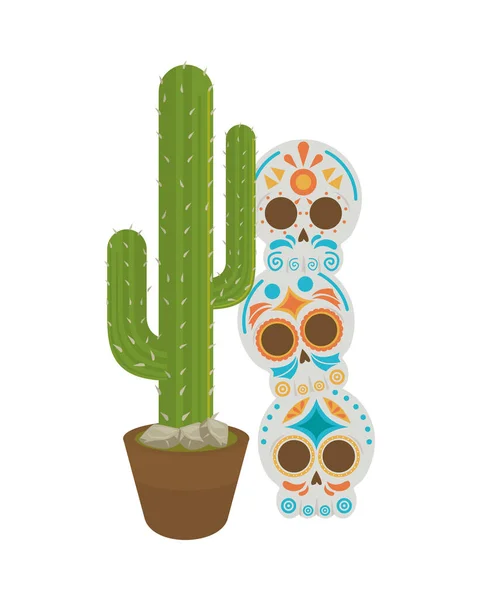 Kaktus mexikanische Pflanze im Keramiktopf mit Totenköpfen bemalt — Stockvektor