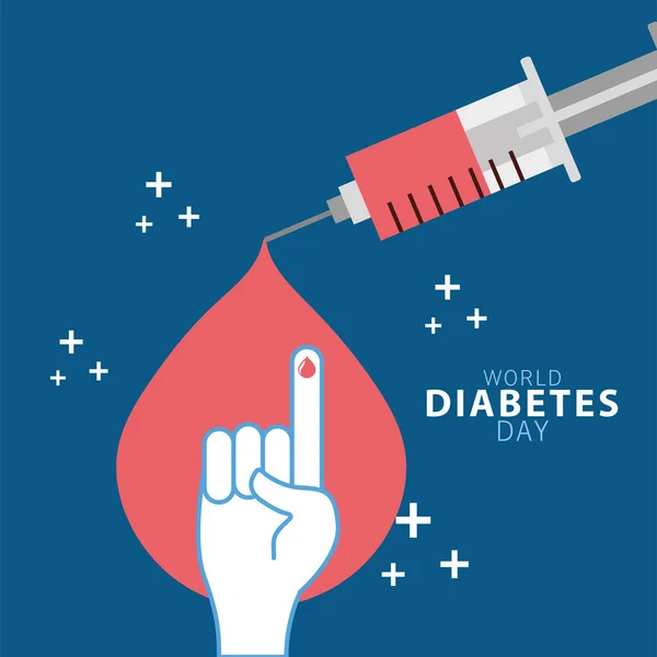 Wereld diabetes dag campagne met bloeddruppel in de vinger en injectie — Stockvector