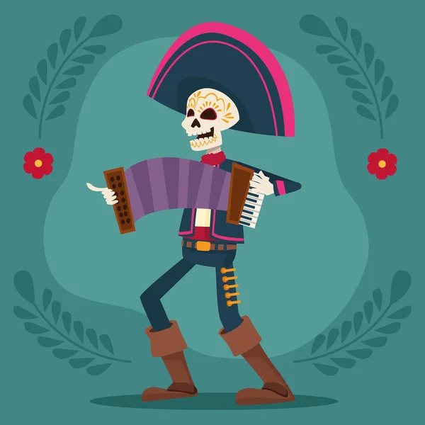 Dia de los muertos celebration card with mariachi skeleton playing accordion — Stock Vector