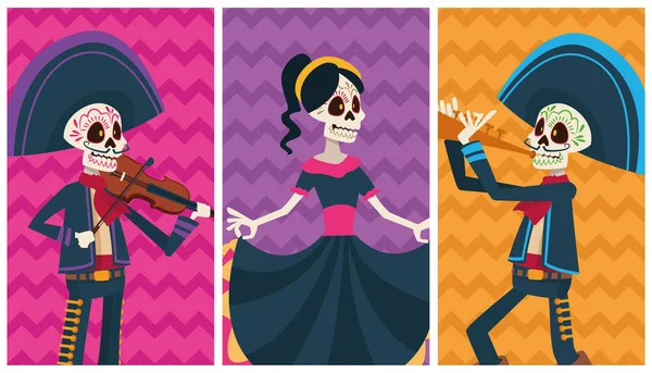 Dia de los muertos firande kort med skelett grupp färger tecken — Stock vektor