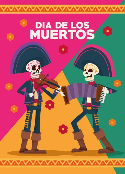 Tarjeta de celebración día de los muertos con esqueletos mariachis y flores — Archivo Imágenes Vectoriales