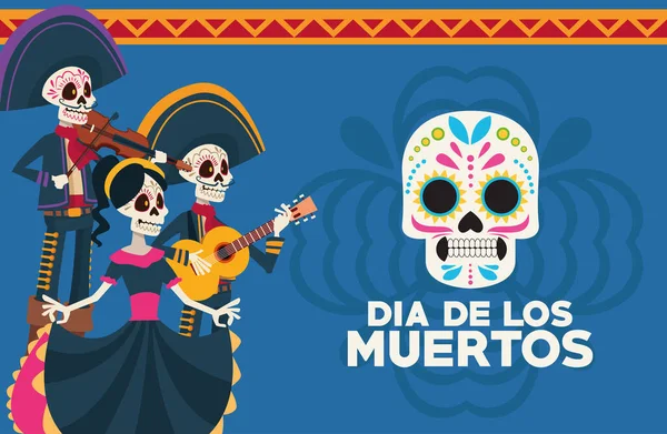 Dia de los muertos带有骷髅群和骷髅图案的庆祝卡 — 图库矢量图片