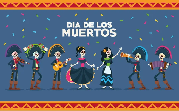 Dia de los muertos带有群骷髅的字母卡片 — 图库矢量图片