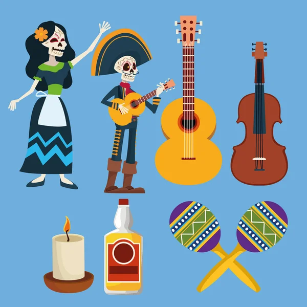 Tarjeta de celebración día de los muertos con iconos establecidos — Vector de stock