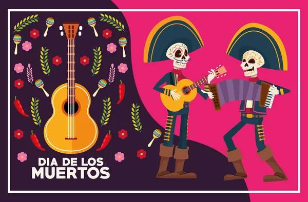 Dia de los muertos cartão de celebração com esqueletos mariachis tocando instrumentos — Vetor de Stock