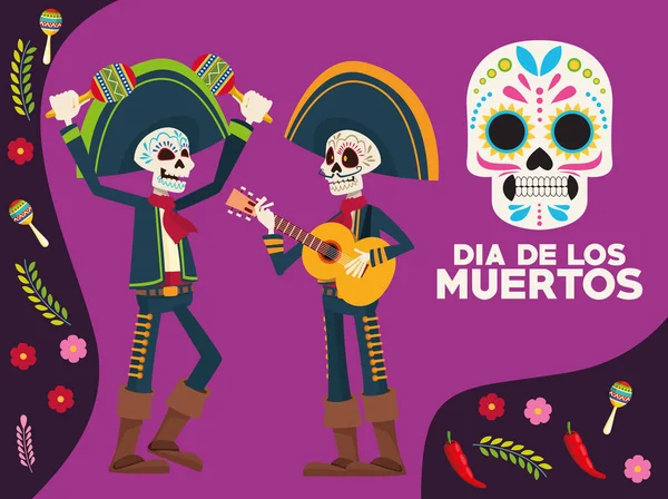 Dia de los muertos celebração lettering cartão com esqueletos mariachis e flores — Vetor de Stock