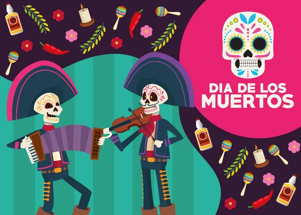 Tarjeta de celebración día de los muertos con esqueletos de mariachis y cráneo pintado — Vector de stock