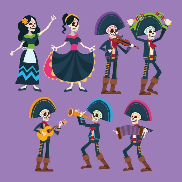 Tarjeta de celebración día de los muertos con esqueletos de personajes de grupo — Vector de stock