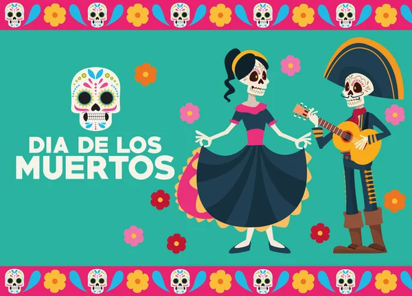 Dia de los muertos celebração lettering cartão com esqueletos casal —  Vetores de Stock