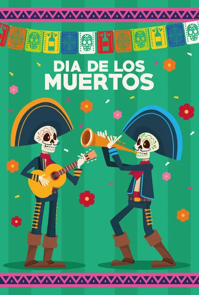 Dia de los muertos cartão de celebração com esqueletos mariachis e guirlandas — Vetor de Stock