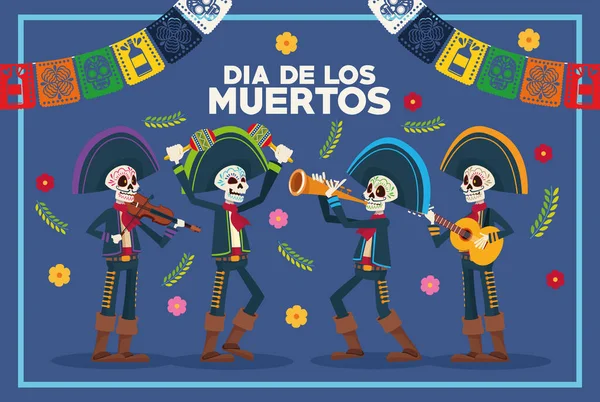 Dia de los muertos lettering card com esqueletos mariachis e guirlandas — Vetor de Stock