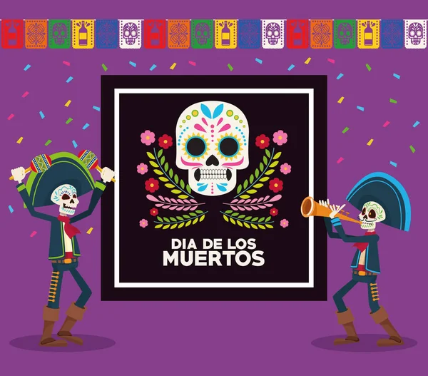 Dia de los muertos cartão de celebração com esqueletos mariachis e guirlandas — Vetor de Stock