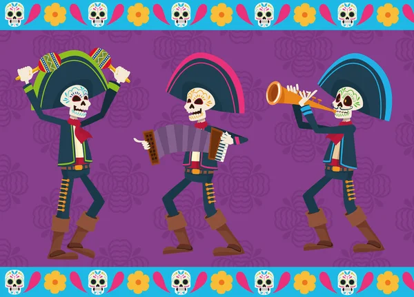 Dia de los muertos cartão de celebração com esqueletos mariachis — Vetor de Stock