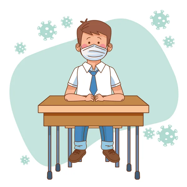 Covid preventive at school scene with student boy seated in desk — Stock Vector