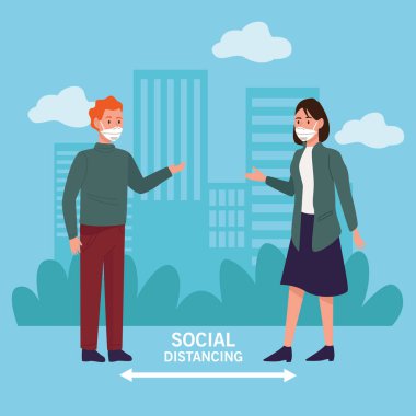 Sağlık maskesi takan, sosyal mesafeli bir çift.