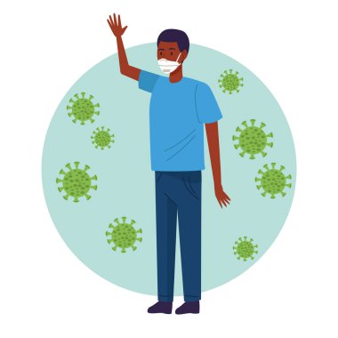 Kovid19 parçacığı olan tıbbi maske takan afro adam.