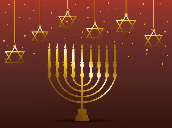 Szczęśliwy hanukkah uroczystości karty ze złotym świecznikiem i gwiazdy wiszące — Wektor stockowy