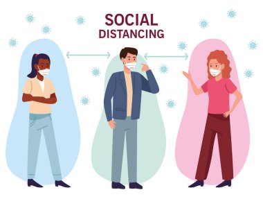 Bir grup ırklar arası insan sosyal mesafeli tıbbi maskeler takıyor.