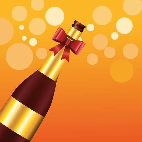 Gelukkig vrolijk kerstmis belettering kaart met champagne fles en boog — Stockvector