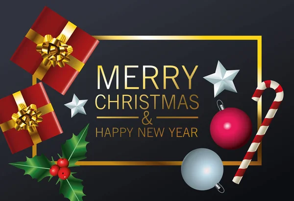 Feliz feliz tarjeta de letras de Navidad con regalos e iconos establecidos en marco de oro — Vector de stock