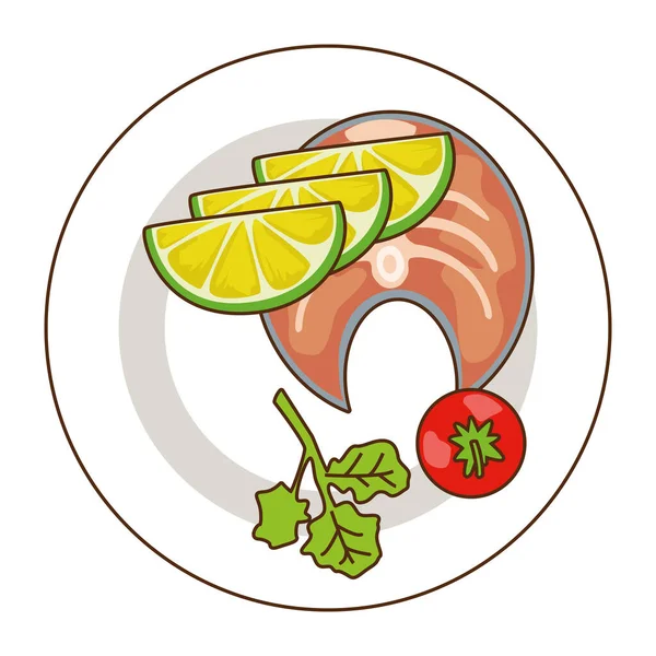 Deliziosa carne di salmone con limone e pomodoro icona fast food — Vettoriale Stock