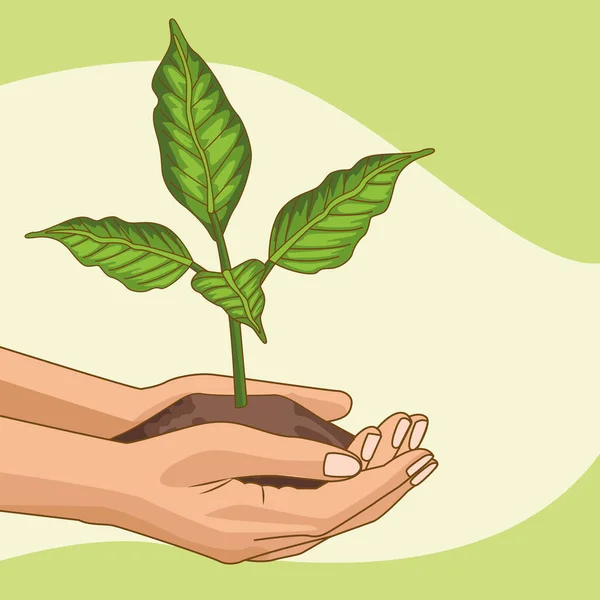 Salvar el mundo cartel ambiental con las manos levantando la planta del árbol — Vector de stock