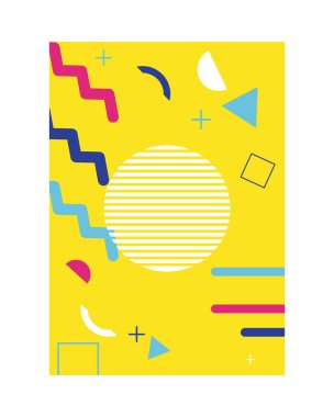 sarı renkli memphis tarzı arkaplan daire ve çizgilerle