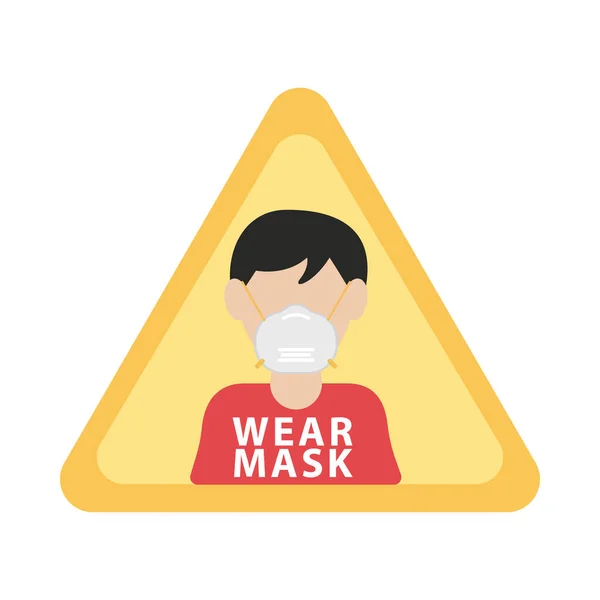 Man wearing mask in triangle advertise label — Stock Vector