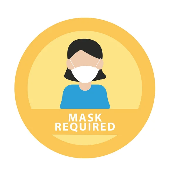Máscara necessária anunciar etiqueta com mulher vestindo máscara —  Vetores de Stock
