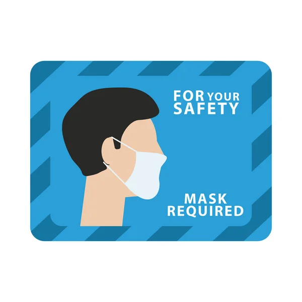 Máscara necessária anunciar etiqueta com perfil homem usando máscara —  Vetores de Stock