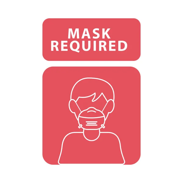 Máscara necessária vermelho anunciar etiqueta com homem vestindo máscara —  Vetores de Stock