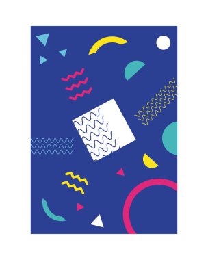 Elmas ve figürlerle mavi renkli memphis tarzı arka plan