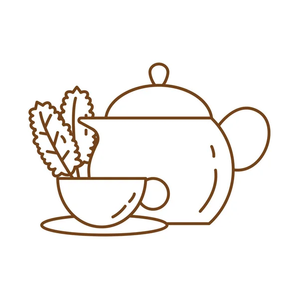 茶葉とティーポットラインスタイルのアイコンを持つセラミックカップ — ストックベクタ