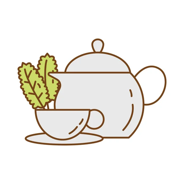 Té en taza de cerámica con hojas y tetera icono de estilo de relleno — Vector de stock