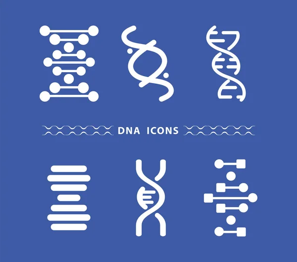 Šest DNA molekul struktury nastavit ikony v modrém pozadí — Stockový vektor