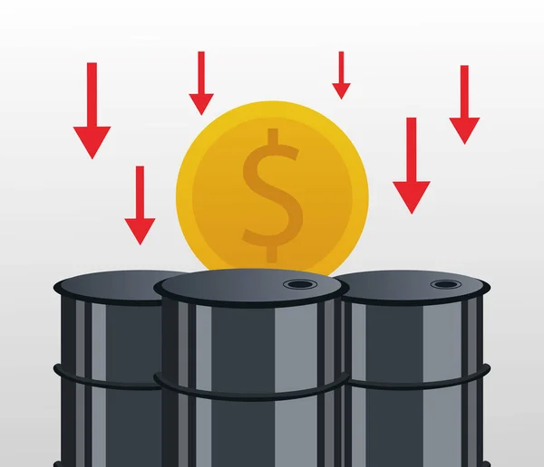 Grafico prezzo del petrolio con moneta in barili e frecce verso il basso — Vettoriale Stock