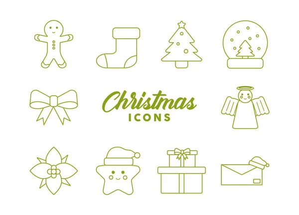 Belettering en bundel van vrolijke kerst lijn stijl pictogrammen — Stockvector