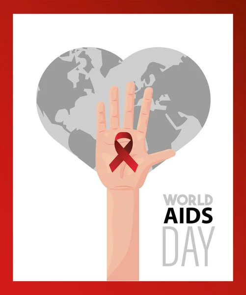 手持ちの赤いリボンで世界エイズデーレタリング — ストックベクタ