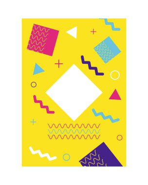 Sarı renkli Memphis tarzı arkaplan elmas ve çizgilerle