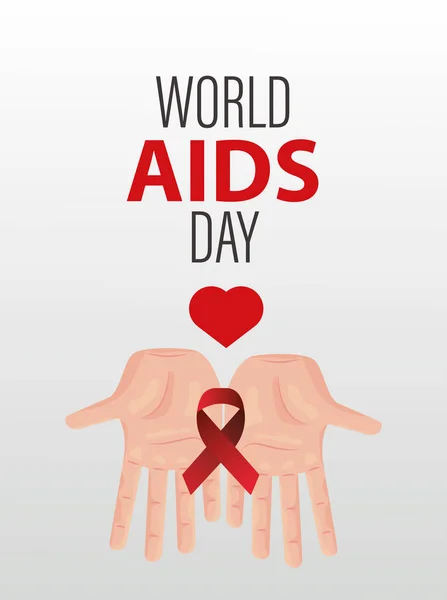 手で世界エイズの日のレタリング赤いリボンと心を持ち上げる — ストックベクタ