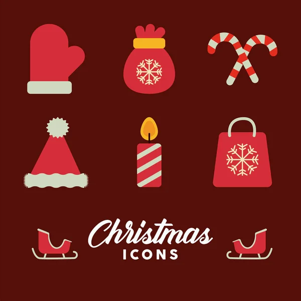 Belettering en bundel van vrolijke kerst platte stijl pictogrammen — Stockvector