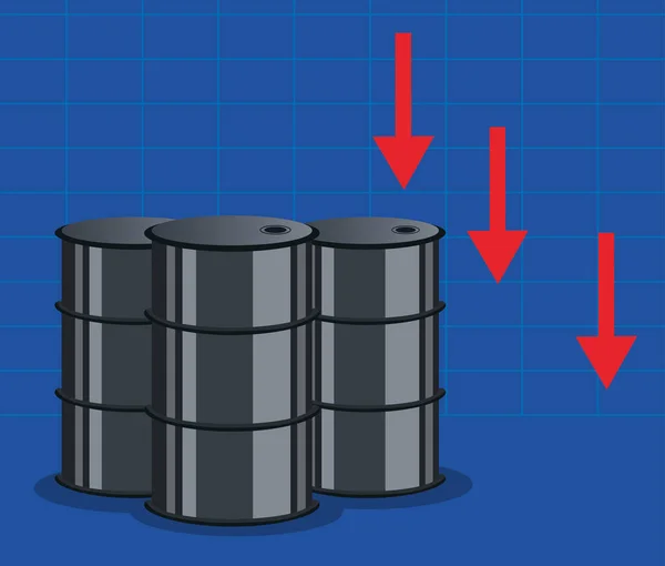 Gráfico de preço do petróleo com barris e setas para baixo — Vetor de Stock