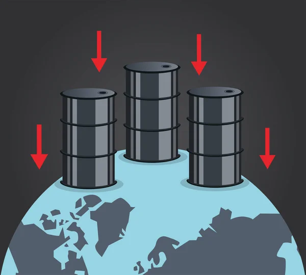 Precio del petróleo gráfico con las flechas de barriles hacia abajo en el planeta tierra — Vector de stock