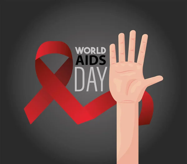 手と赤いリボンで世界エイズデーレタリング — ストックベクタ