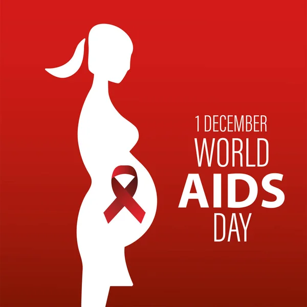 世界エイズデーレタリングで赤いリボンで妊娠中の女性のシルエット — ストックベクタ