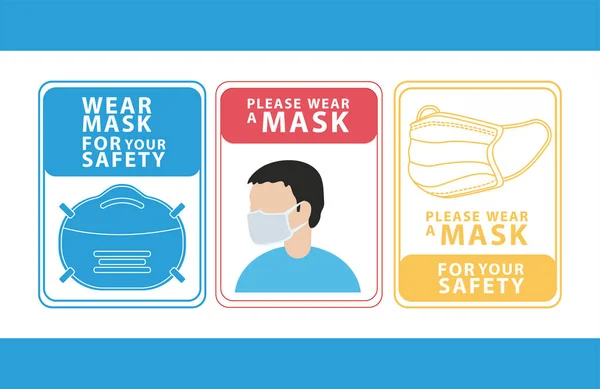 Pacote de três usar máscara anunciar rótulos azuis —  Vetores de Stock
