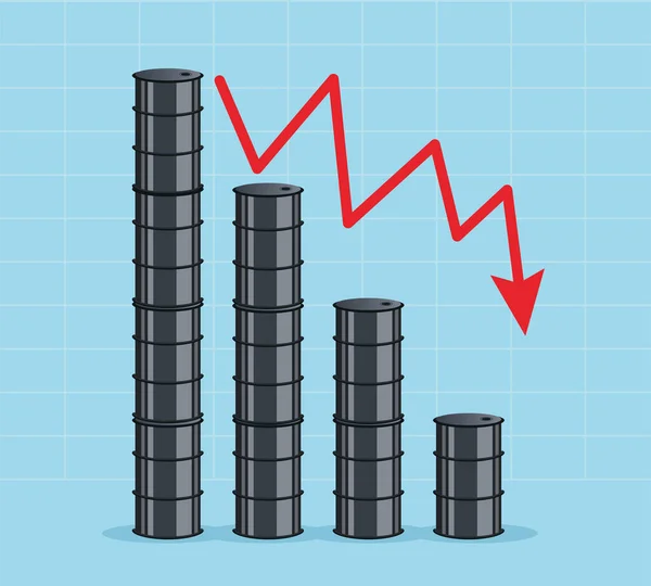 Gráfico del precio del petróleo con barriles y estadísticas de flecha hacia abajo — Vector de stock